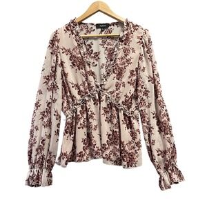 Aakaa Floral Blouse Women L Mauve Pink Ruffle Boho Fairy Cottagecore Romantic